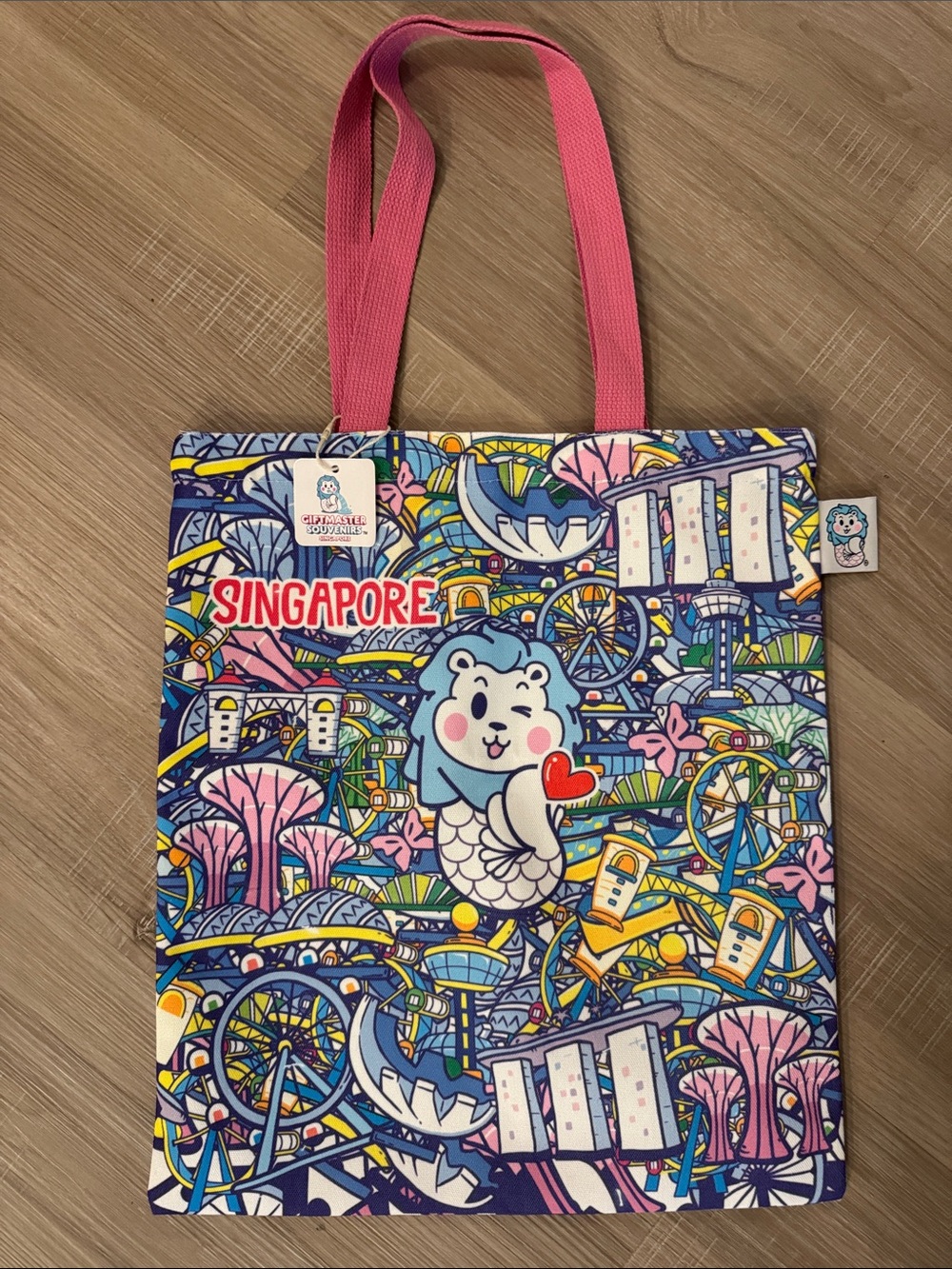 Singapore Character Print Tote Bag - Pink Handles